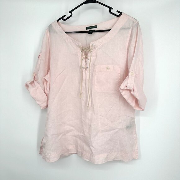 Lauren Jeans Company Ralph Lauren‎ Old Money Linen Blouse Light PInk Size Large - Picture 1 of 6